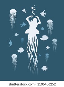 Silhouettes of diver and fishes around. Jelly fish as lower part of the body. The concept of sport diving.