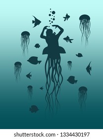 Silhouettes of diver and fishes around. Jelly fish as lower part of the body. The concept of sport diving.