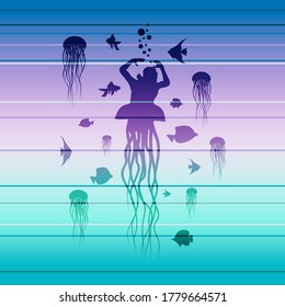Silhouettes of diver and fishes around. Jelly fish as lower part of the body. The concept of sport diving.