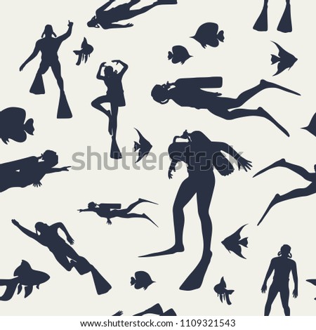 Silhouettes of diver. Seamless background with diver icons. The concept of sport diving.