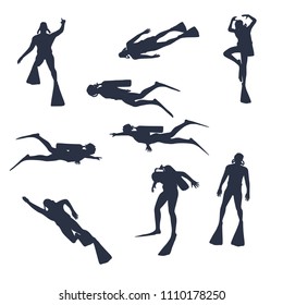 Silhouettes of diver. Set of diver icons. The concept of sport diving.