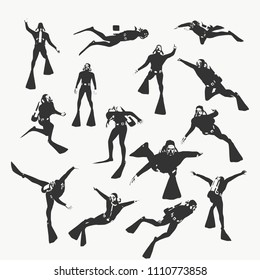 Silhouettes of diver. Set of diver icons. The concept of sport diving.