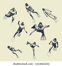 Silhouettes of diver. Set of diver icons. The concept of sport diving. Vintage engraved illustration