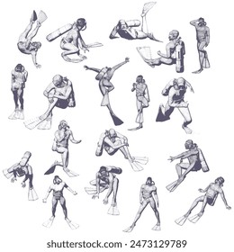 Silhouettes of diver. Set of diver icons. The concept of sport diving. Vintage engraved illustration