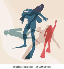 Silhouettes of diver. Set of diver icons. The concept of sport diving. Scuba diving adventure.