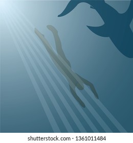 Silhouettes of diver and shark. Vector illustration
