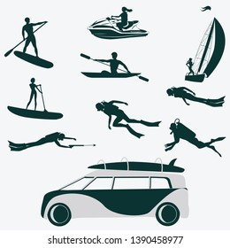 Silhouettes diver, surfer, water bike, sailboat, kayak. Car for transporting tourists - vector. Life style. Water sports.