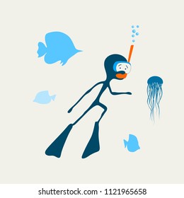 Silhouettes of diver and underwater animals. Icon diver drawn in cartoon doodle style. The concept of sport diving.