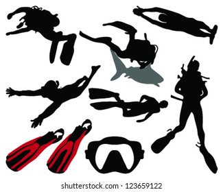 Silhouettes of divers and diving equipment-vector