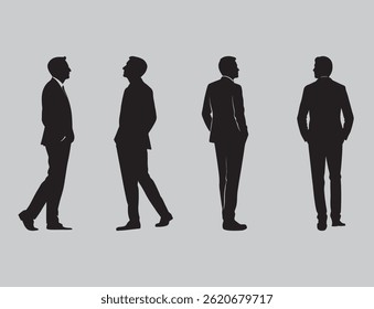 Silhouettes of diverse business people, men, standing in a group. Professional business people silhouette, diverse team, teamwork concept.