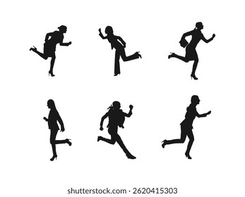 Silhouettes of diverse business people running set. Business people are running for success. Silhouette of a business woman with a white background.
