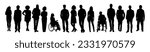 Silhouettes of diverse business people standing, men and women full length, disabled person sitting in wheelchair. Inclusive business concept. Vector illustration isolated on white background.