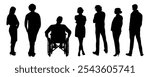 Silhouettes of diverse business people standing rear view, men, women full length, sitting in wheelchair. Inclusive business concept. Vector illustration isolated on transparent background.