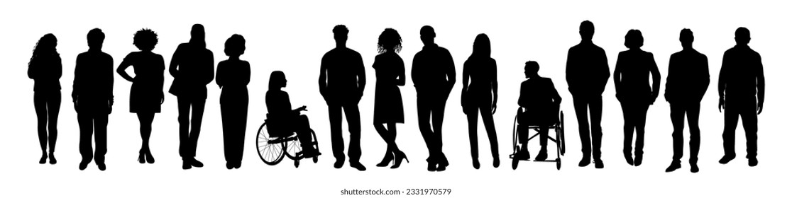 Silhouettes of diverse business people standing, men and women full length, disabled person sitting in wheelchair. Inclusive business concept. Vector illustration isolated on white background.
