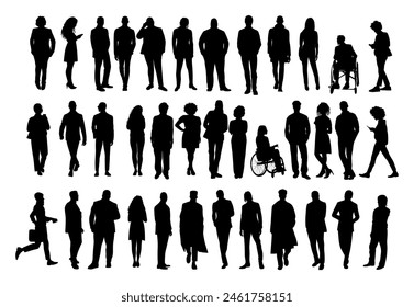 Silhouettes of diverse business people standing, walking, men, women full length, disabled persons sitting in wheelchair. Inclusive business concept. Vector illustration on transparent background.