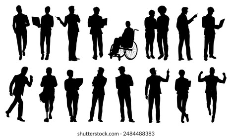 Silhouettes of diverse business people standing, walking, men, women full length, disabled persons sitting in wheelchair. Inclusive business concept. Vector illustration on white background