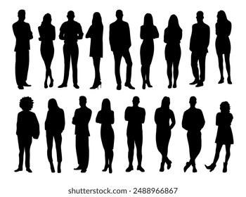 Silhouettes of diverse business people standing,  men, women full length. Business concept. Vector illustration isolated on white background.