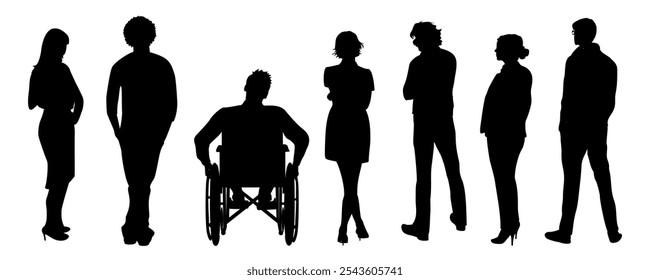 Silhouettes of diverse business people standing rear view, men, women full length, sitting in wheelchair. Inclusive business concept. Vector illustration isolated on transparent background.