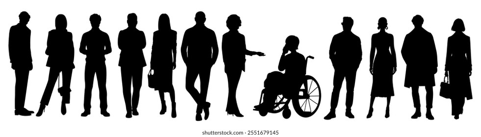 Silhouettes of diverse business people standing, walking, men, women full length, person sitting in wheelchair. Inclusive business concept. Vector illustration isolated on white background.