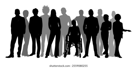 Silhouettes of diverse business people standing together, men, women full length, disabled persons sitting in wheelchair. Inclusive business concept. Vector illustration on white background.