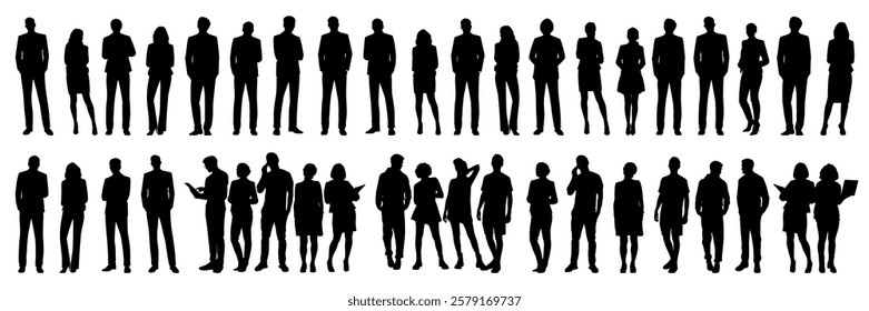 Silhouettes of diverse business people standing. Business attire, diverse group, professional silhouettes. Team of business professionals in silhouette. People silhouettes, vector set.