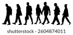 Silhouettes of diverse business people walking side view. Modern men, women, couple in smart casual outfits, with bag, phone. Vector black monochrome illustrations isolated 