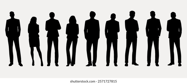 Silhouettes of diverse business professionals in formal attire. Group of men and women in suits. Business silhouettes in various poses. Professional silhouettes. People silhouettes, vector set.