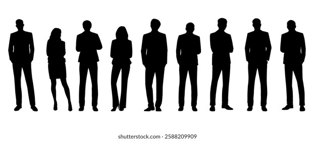 Silhouettes of diverse business professionals standing in a row. Formal attire, diverse group, business setting. Silhouettes emphasize unity and professionalism. People silhouettes, vector set.