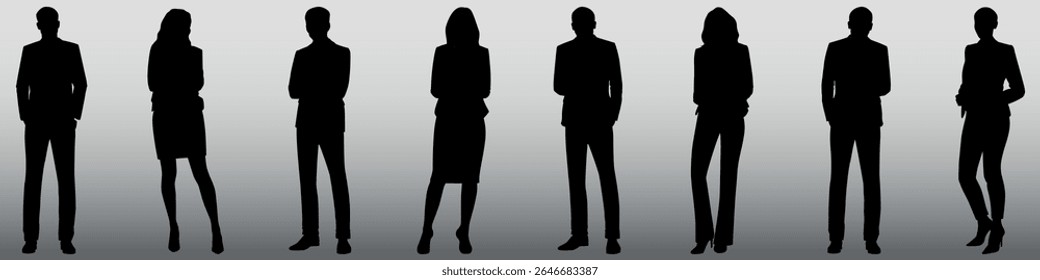 Silhouettes of diverse business professionals standing confidently. Group of men and women in formal attire. Business, professionals, diverse, silhouettes. Business element set.