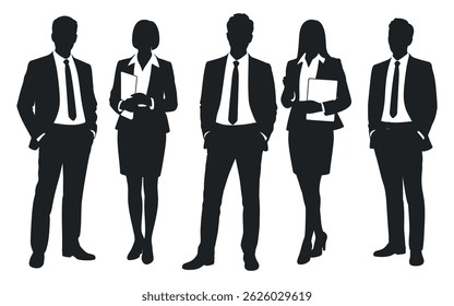 Silhouettes of a diverse business team, two men and two women in professional attire, standing confidently.