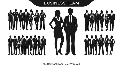 Silhouettes of diverse business teams in professional attire, showcasing teamwork and corporate unity. Ideal for illustrating business concepts, team collaboration, and professional environments.