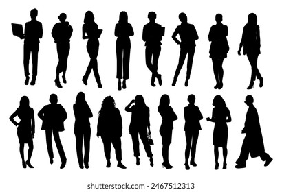 Silhouettes of diverse business women standing, walking, full length, front, side view, working on laptop. Business concept. Vector black illustrations isolated on white background. Hand made, not AI