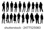 Silhouettes of diverse casual business people standing, walking, men, women full length. Business concept. Black monochrome  Vector illustrations isolated on white background.