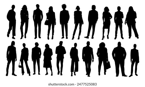 Silhouetten von verschiedenen Gelegenheitsgeschäftsleuten Stehen, Gehen, Männer, Frauen in voller Länge. Geschäftskonzept. Schwarze monochrome Vektorillustrationen isoliert auf weißem Hintergrund.