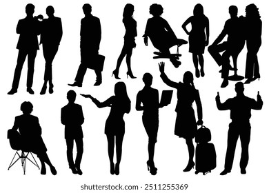 Silhouettes of diverse casual business people standing, walking, men, women full length. Business concept. Business travel, corporate professional poses female Vector illustrations working women.