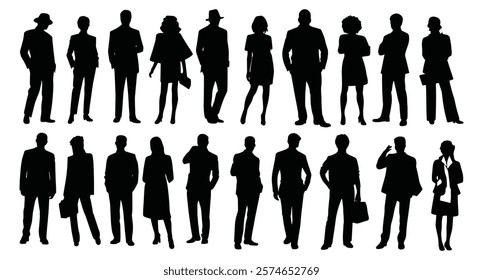 Silhouettes of diverse casual business people in various poses, including standing and walking. Full length black monochrome vector illustrations on a white background.