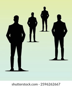 Silhouettes of diverse casual business people standing, walking, men, women full length. Business concept. Black monochrome Vector illustrations isolated on white background.