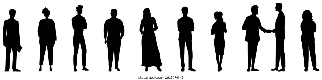 Silhouettes of diverse casual business people standing, walking, men, women full length. Business concept. Black monochrome Vector illustrations isolated on white background.