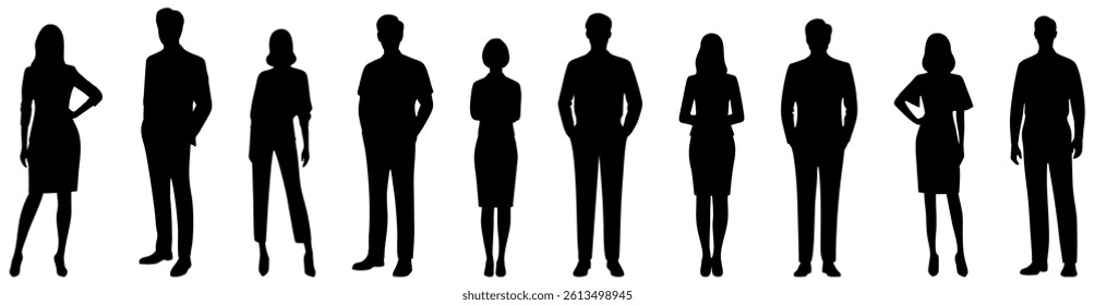 Silhouettes of diverse casual business people standing, walking, men, women full length. Business concept. Black monochrome Vector illustrations isolated on white background.