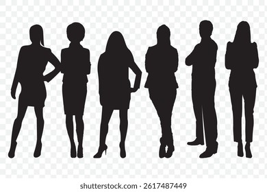 Silhouettes of diverse casual business people standing, walking, men, women full length. Business concept. Black monochrome Vector illustrations isolated on Transparent background. EPS 10.