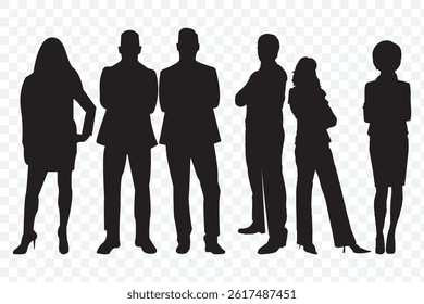 Silhouettes of diverse casual business people standing, walking, men, women full length. Business concept. Black monochrome Vector illustrations isolated on Transparent background. EPS 10.