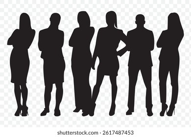Silhouettes of diverse casual business people standing, walking, men, women full length. Business concept. Black monochrome Vector illustrations isolated on Transparent background. EPS 10.