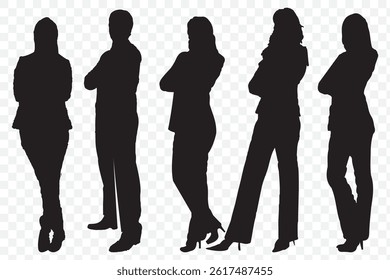 Silhouettes of diverse casual business people standing, walking, men, women full length. Business concept. Black monochrome Vector illustrations isolated on Transparent background. EPS 10.