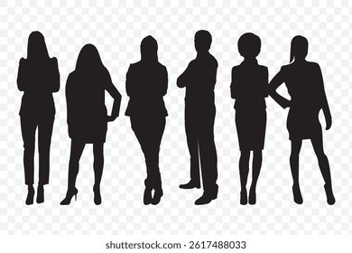 Silhouettes of diverse casual business people standing, walking, men, women full length. Business concept. Black monochrome Vector illustrations isolated on Transparent background. EPS 10.