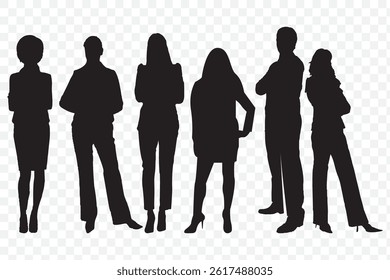 Silhouettes of diverse casual business people standing, walking, men, women full length. Business concept. Black monochrome Vector illustrations isolated on Transparent background. EPS 10.
