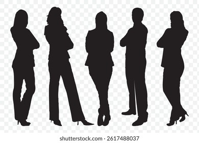 Silhouettes of diverse casual business people standing, walking, men, women full length. Business concept. Black monochrome Vector illustrations isolated on Transparent background. EPS 10.