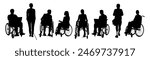 Silhouettes of diverse disabled people standing, walking, men, women sitting in wheelchair. Inclusive business concept. Vector black illustrations isolated on white background.