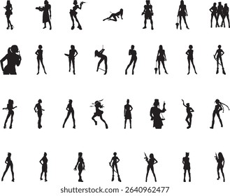 Silhouettes of diverse female characters engaged in various dynamic poses highlighting strength and individuality