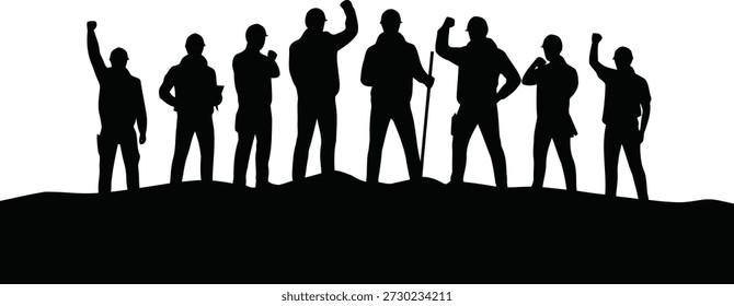 Silhouettes of a diverse group of construction workers in hard hats, holding tools and raising fists, symbolizing labor and effort.