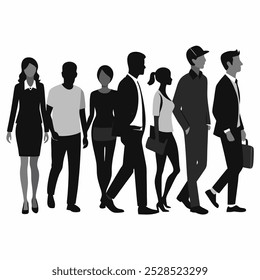 Silhouettes of a diverse group of people walking together in a line, representing unity, teamwork, and a shared journey. This image is perfect for projects related to diversity, inclusion.